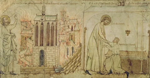 Św. Eligius ratujący kościół św. Martiala od ognia i uzdrawiający kalekiego mężczyznę w kościele św.